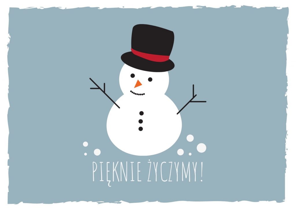 [Grafika przedstawia białego bałwanka na błękitnym tle, pod bałwankiem widnieje biały napis "Pięknie życzymy!"]
